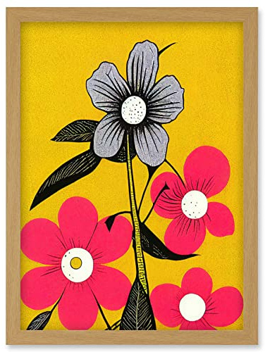 Wee Blue Coo Bold Flowers Linocut Pink and Mustard Yellow Print Artwork Framed Wall Art Print A4