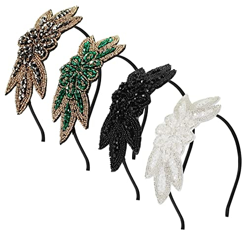 MWOOT 1920er Haarreif Frauen, 4 Stück Stirnbänder zum 20er Party Kostüme, 20er Accessoires Damen, Vintage 1920er Haarband, Vintage Flapper Haarschmuck zum Thema 1920er Jahre Schwarz Weiß Silber Grün
