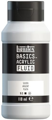 Liquitex Basics Fluid - Pintura acrílica de consistencia fluida, secado rápido, resistente a la luz, impermeable, acabado satinado permanente, bote 118 ml, plata