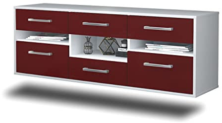Lqliving TV-Board Lowboard Arlington, Wandmontiert, Korpus in Weiss matt, Front im trendigem Rot, Bordeaux (136x47x35cm), mit Metall Griffen, Made in Germany