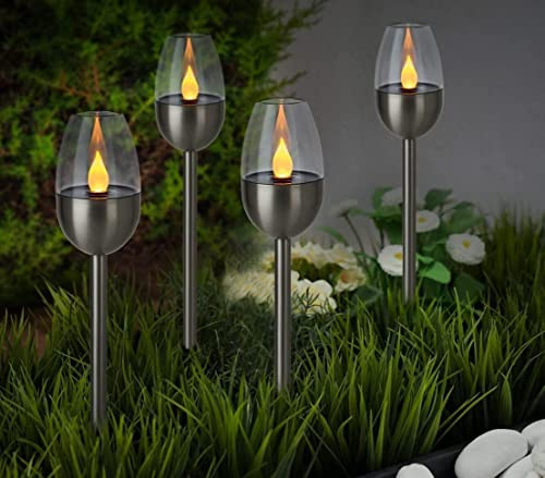 garden mile 4 x Flame Effect Solar Torch Lights with LED Flame Effect Waterproof Garden Stakes Outdoor Yard Pathway Driveway Porch Patio Landscape Lawn Security Lighting Decor Pathway Lighting,Silver