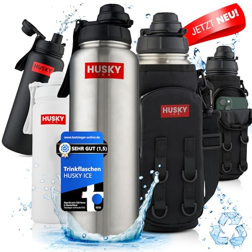HUSKY ICE Edelstahl Trinkflasche mit GRATIS Tragtasche - 1.2L - BPA-Frei, Auslaufsicher und Spülmaschinen geeignete Thermo Isolierflasche - Thermosflasche doppelwandig, Sport, Outdoor (Silver edition)