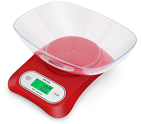 Bilancia da Cucina, Bilancia Digitale per Alimenti con Alta Capacità di Precisione, Bilancia di Misura Digitale Multifunzione-5Kg0.1G Rosso Preciso