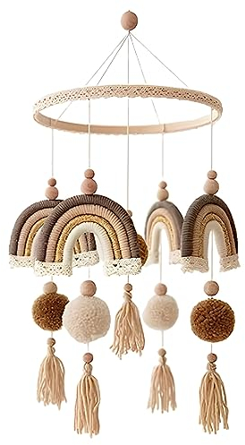 Sarah Duke Mobile Baby Regenbogen Holz Mobile Windspiel mit Filzbällen Hängende Bettglocke Regenbogen Windspiel Anhänger Kinderbett Babybett Wickeltisch Deko Kinderzimmer (Beige)