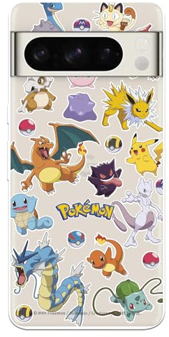 Schutzhülle kompatibel mit Google Pixel 8 Pro Offizielle Pokémon Sticker Pokemon und Poké Ball zum Schutz Ihres Handys. Flexible transparente Silikonhülle mit offizieller Pokémon-Lizenz