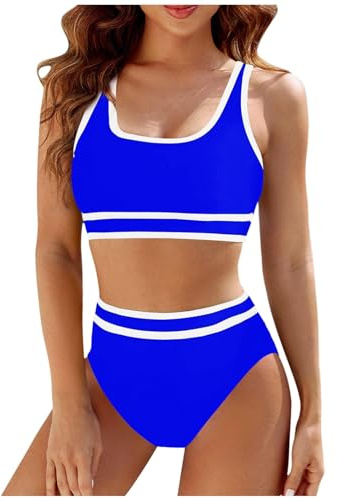 Maillot de Bain Bikini Femme 2 Pièces Amincissant Rayures Maillot de Bain Femme Débardeur Brassière avec Short de Plage Taille Haute Sport Natation Piscine Vacances (M, Bleu-2)