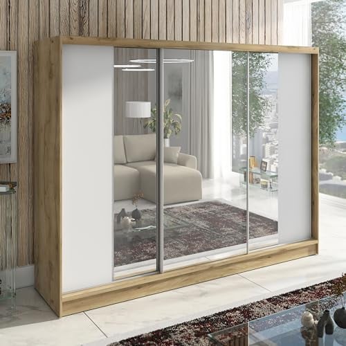 A&J MöbelLand Schwebetürenschrank VIDA, 3-türig Kleiderschrank 200cm mit 4 Schubladen, und Spiegel, Garderobe 200 cm (Eiche Kraft Gold/weiß)