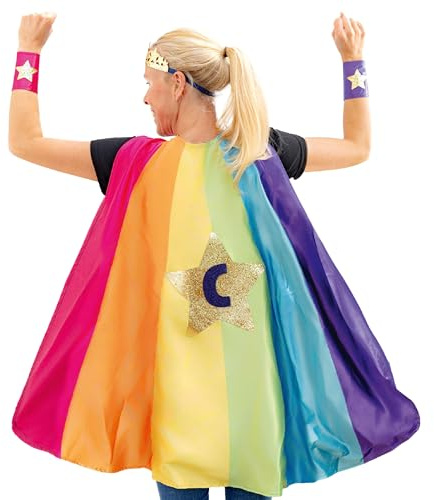 Papierdrachen Superhelden Kostüm Damen – Stern rainbow - Heldinnen Design - Komplettset Cape Manschetten Diadem - Verkleidung - Action und Fantasy - Karneval und Fasching