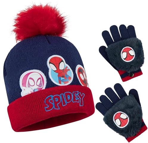 Marvel Mütze Jungen Winter Set, warm und bequem - Geschenke für Jungs(Marineblau/Rot, Spidey, 2 Stück)