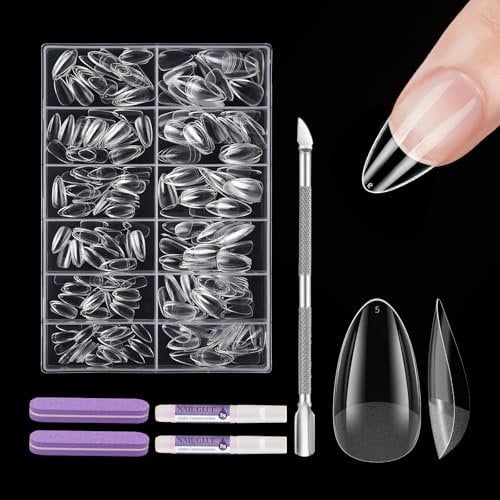 EARLMONI 432Pcs Almond False Nails - Short 12 Size Almond Nails Tips with Glue, Nail File, Cuticle Pusher, Clear Full Cover Nail Tips for Gel Extensions