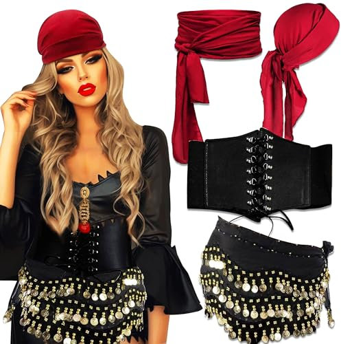 JeVenis Vintage Piratenkostüm Zubehör Set Piraten Stirnband Wrap Taillengürtel Karneval Musik Festival Outfit