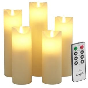 LC Home Candela Lights LED Kerzen Set Stumpenkerze Echtwachs mit Fernbedienung Timer Funktion & mehrstufig dimmbar bewegliche Flamme Echtwachskerzen (Elfenbein, 5er Set)