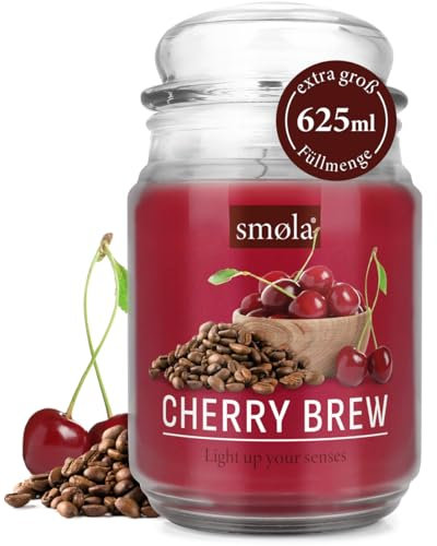 smøla Große Duftkerze im Glas I Cherry Brew 625ml - Kerze Kirsche Kaffeeduft I bis zu 140 Stunden Brenndauer I vegane Sojawachs-Kerze I perfekte Geschenkidee