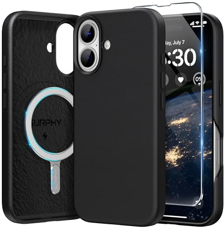 SURPHY Leather Case for iPhone 16 Case, Premium Faux Leather Compatible with Mag-Safe [Metallic Buttons & Microfiber Lining] Cover for iPhone 16 6.1 inch, Black