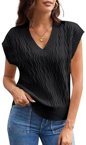 Womens Autumn Cap Sleeve Sweater Knit Tops Casual Fit Vest 2024 Trendy Tank Top Shirts Black M