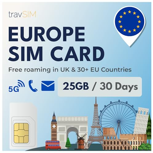 travSIM Europe SIM-Karte | Nur Daten-SIM | 50GB Daten | 4/5G Geschwindigkeit | Verwenden Sie die Europa-SIM in Großbritannien und mehr als 30 EU-Ländern | Plan SIM für Europa ist 30 Tage lang gültig