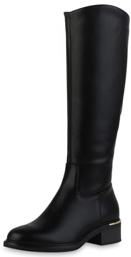 VAN HILL Damen Klassische Stiefel Blockabsatz Holzoptikabsatz Klassisch Schuhe 213782 Schwarz 36