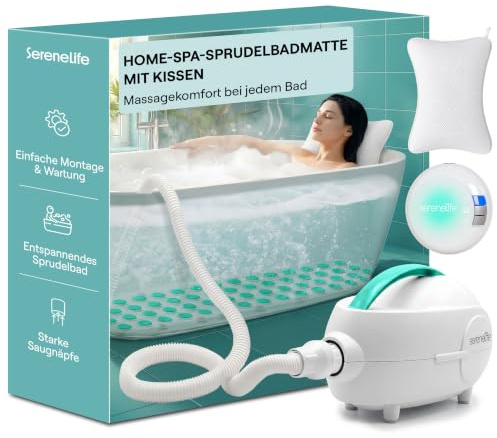 SereneLife Bubble Bath Mat - Portable Spa Bubble Bath Massager with Waterproof Bath Light & Pillow, Adjustable Bubble Intensity, Easy Button Control, Remote Control