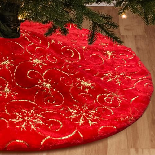 DecroXmas Gonne per Albero di Natale 90 cm, Peluche Rosso con Motivo a Fiocchi di neve Oro, base per Albero di Natale in Pelliccia Sintetica Spessa, per Decorazioni Natalizie
