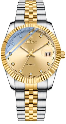 Silverora Armbanduhren Herren Automatische Mechanische: 3ATM Wasserdicht 36 Stunden Gangreserve Herrenuhren mit Leuchtende Zeiger Kalender Edelstahl Uhren mit Diamant Skala Geschenke für Männer Gold