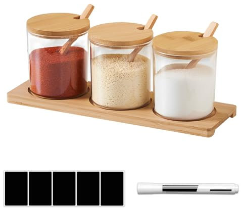 ZhouZGlass 3 Pcs Condiment Jars with Bamboo Lids and Spoons, Decorative Storage Seasoning Glass Container Box with Base for Home Kitchen café Storing Salt Sugar Pepper Spice