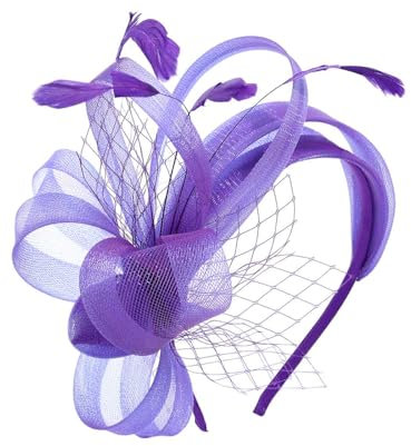 IYOU Feder Hochzeit Fascinators Stirnband Lila Blume Tüll Haarbänder Mesh Schleier Braut Cocktail Tee Party Haarschmuck für Damen