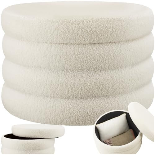tectake® Hocker mit Stauraum, XL Scandi Sitzhocker Bouclé Teddy Stoff, Pouf, Polsterhocker rund für Schminktisch, Wohnzimmer Möbel, als Flur Möbel, Stauhocker Wohnen, Ø 67 x 42 cm - Bouclé Creme-weiß