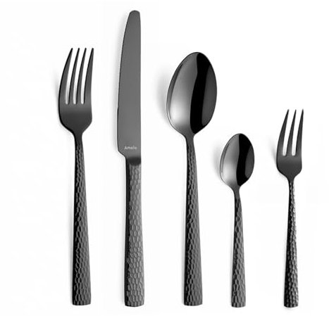 Amefa FELICITY Besteckset 30-teilig PVD Schwarz, Hochwertiges Besteck Set, Gehämmert, Essbesteck im Hammerschlag-Design, Edelstahlbesteck