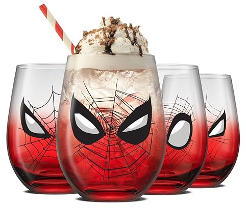 JoyJolt Marvel Spider-Man Spidey-Sense Trinkgläser ohne Stiel, 540 ml, Superhelden-Glas, 4 Stück, Marvel-Geschenke für Männer und Frauen