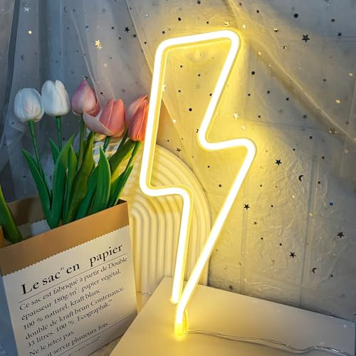 Weeddy Néon LED Foudre, Lampe Neon Signe Décoration Murale Alimenté par USB ou Pile, Enseigne Lumineuse Neon Deco pour Chambre à Coucher, Salon, Gaming, Bar, Noël, Fêtes (Foudre Jaune)