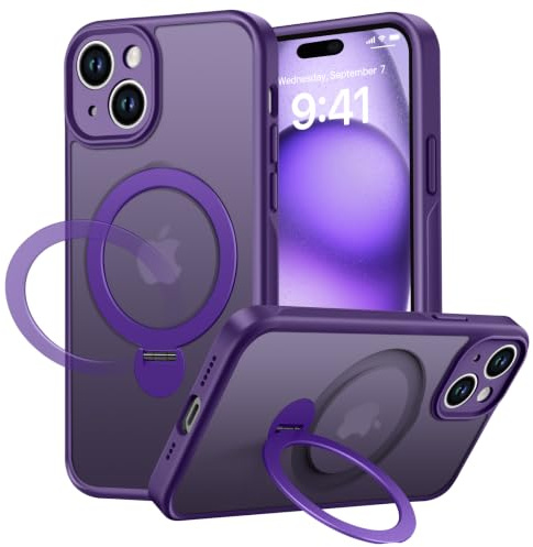 PuyaTeya Magnet-Ständer 360° für iPhone 15 Hülle, Matt-Violett | Kompatibel mit Magnetischer 16FT Military Drop Protection, Anti-Kratzer/Fingerabdruck Handyhülle für iPhone 15