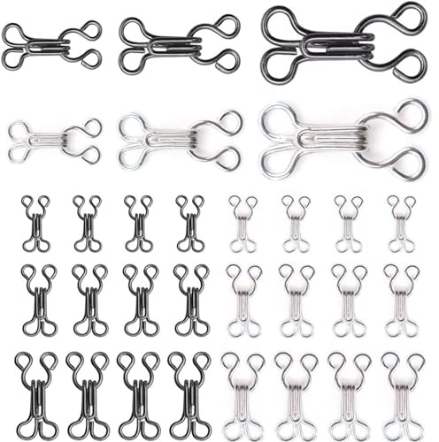 Nähen Haken und Augen Verschluss, 24 Set BH-Haken-Ösen-Verschluss, Unterwäsche Haken und Augen Schließe, Nähen DIY Bastelzubehör, 3 Größen, für BH, Kleidung, Röcken, Hosen(Schwarz und Silber)