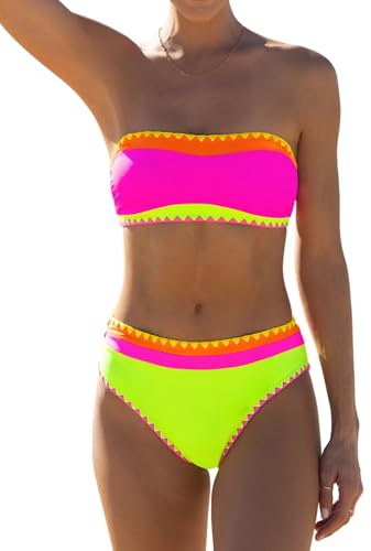 popvil Women's Strapless Bikini Sets Neon Color Block Bandeau Swimsuits Two Piece Bathing Suits for Beach Vacation 2025, Hotpink1, Medium