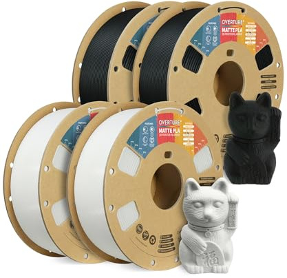 OVERTURE 4KG Bundle Matte PLA 3D Printer Filament 1.75mm, Black*2+White*2 | Frosted Matt Finish Hides Layer Lines, Great Value, Accuracy +/- 0.02mm, Fit Most FDM Printer (Black*2+White*2)