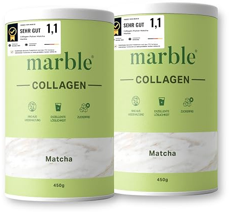Marble Collagen Pulver 2 x 450g mit echtem japanischen Grüntee/Matcha - 60 Tage risikofrei testen - Aminosäuren Komplex hochdosiert - Kollagenpulver in Pappdose ohne Plastiklöffel