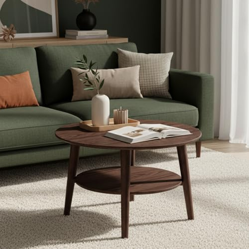 skølm Mjölnir Couchtisch rund – Wohnzimmertisch Holz – Hochwertiger Beistelltisch für Wohnzimmer – Coffee Table aus Eiche Massivholz, Dunkel lackiert – Sofatisch mit Ablage – Couch Tisch Ø70 cm