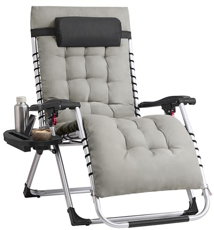 SONGMICS Sonnenliege klappbar, Kissen abnehmbar, Stahlgestell | Liegestuhl, Kopfkissen verstellbar, Tasche, Tablett, , bis 110 kg belastbar, für Balkon, hellgrau SANDY Kollektion GLB040GZ04
