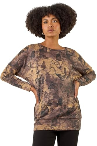 Roman Originals Blouson Top for Women UK Ladies Drop Shoulder Long Sleeve Jersey Stretchy Oversized Casual Office Jumper Soft Everyday Sweater Lounge Sweatshirt Blouses - Tan Butterfly - Size 20