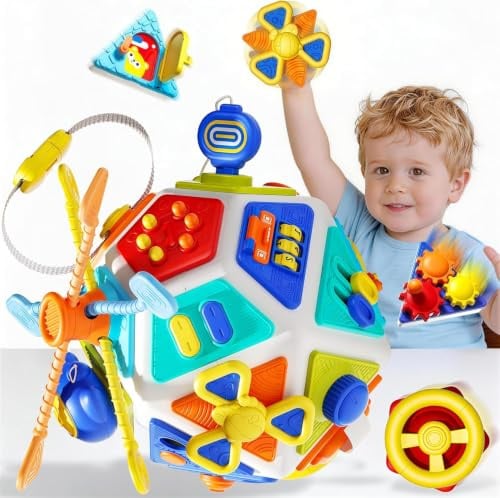 ToyShravonix 22-in-1 Montessori Busy Board Cube for Toddlers 12-36 Months | Multi-Activity Sensory Toy, Gears, Locks & Fine Motor Skills, Travel Gift, For Boys & Girls