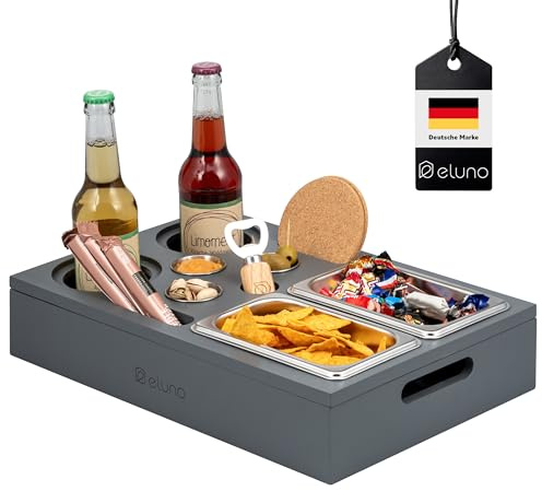 eluno Couchbar mit abnehmbarem, magnetischem Deckel, Serviertablett, inklusive 2 Snackschalen, 3 Dipschälchen, 2 Getränkehalter mit Korkuntersetzer,1 Flaschenöffner aus Bambus (Grau)