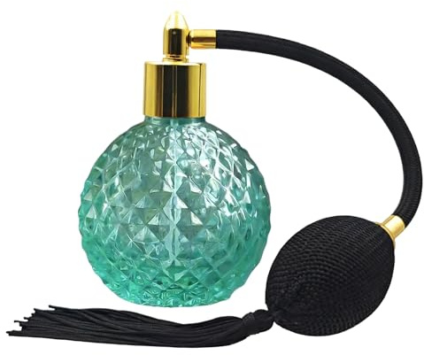 MOUMOUTEN Flacon de parfum rétro en cristal 80 ml vert rechargeable | vaporisateur de parfum vide avec longs pompons roses, flacon distributeur en verre réutilisable pour maquillage (embout doré)