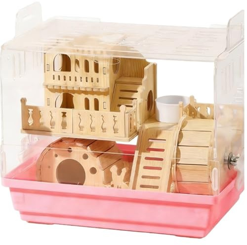 Hamsterkäfige Futterbox aus massivem Holz, Acryl, großer Hamsterkäfig(Pink)