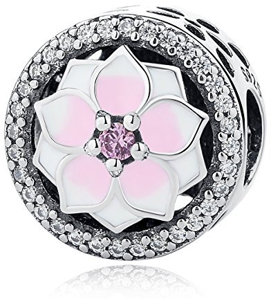 Charm a forma di fiore di magnolia, con smalto color ciliegia pallido e zirconia cubica rosa, in argento sterling 925, adatto per bracciali Pandora e altri braccialetti con charm