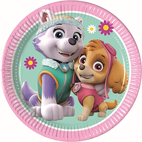Procos 10067625 90275 - Partyteller Paw Patrol, Skye & Everest, 8 Stück, Durchmesser 20 cm, Pappteller, Teller, Einweggeschirr, Helden auf vier Pfoten, Tischdekoration, Rosa, Grün