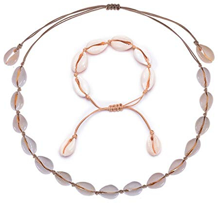 GLITZFAS Damen Natural Shell Choker Halsketten Armband Schmuck Set Boho Muschelkette (Braun)