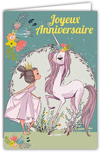 67-1110 Glückwunschkarte Geburtstag Einhorn Pony Mädchen Prinzessin Krone Blumen Rosa