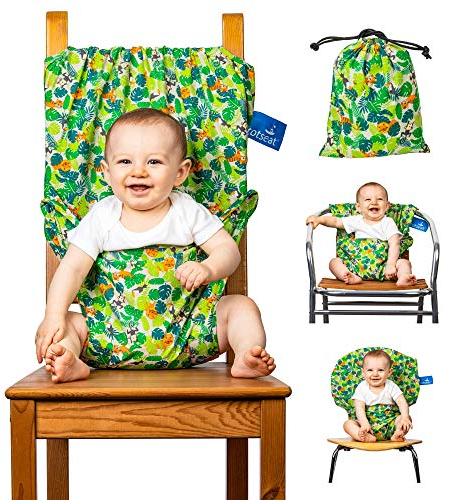 The totseat Portable Travel High Chair (Multi-Coloured Jungle Design) | Toddler High Chair Seat Cover (6-30months) | Washable, Adjustable, Convenient, Safety | Cloth Chair Harness