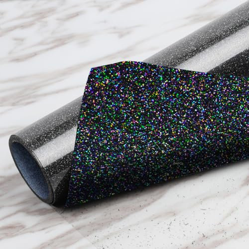 Black Glitter HTV Glitter Heat Transfer Vinyl 12inx5ft. Glitter HTV Vinyl Iron on Vinyl for Cricut T Shirts Gifts for Halloween Christmas by TransWonder (Galaxy Black)