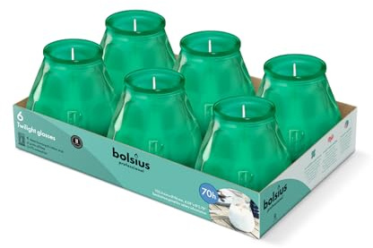 Bolsius – Outdoor Candles - 6 Pieces - in Glass - Green - Burning Time 70 Hours - No Palm Oil - Clean Burning - Cotton Wick - Non Scented