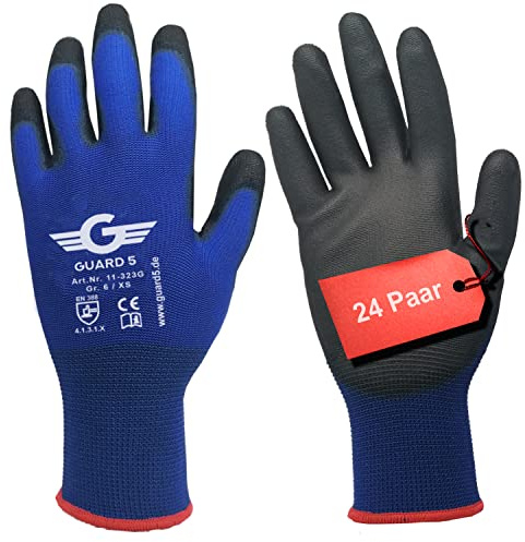 GUARD 5 - Arbeitshandschuhe - 24 Paar/Gr.7 - Damen & Herren Gartenhandschuhe - blaue Nylon-Handschuhe mit PU-Beschichtung für Bauarbeiten, Gärtner, Mechaniker, Lagerarbeit und Heimwerkerprojekte